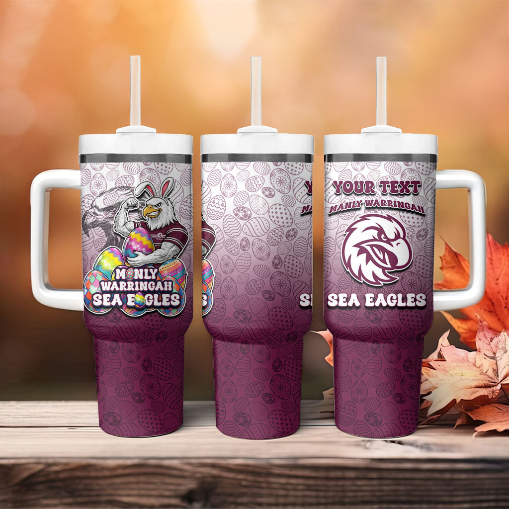 Personalized Manly Warringah Sea Eagles Tumbler With Handle Easter Mascot - Colorful Eggs Cartoon Style