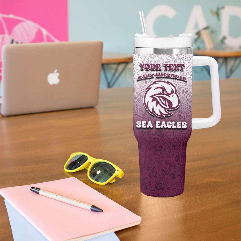 Personalized Manly Warringah Sea Eagles Tumbler With Handle Easter Mascot - Colorful Eggs Cartoon Style