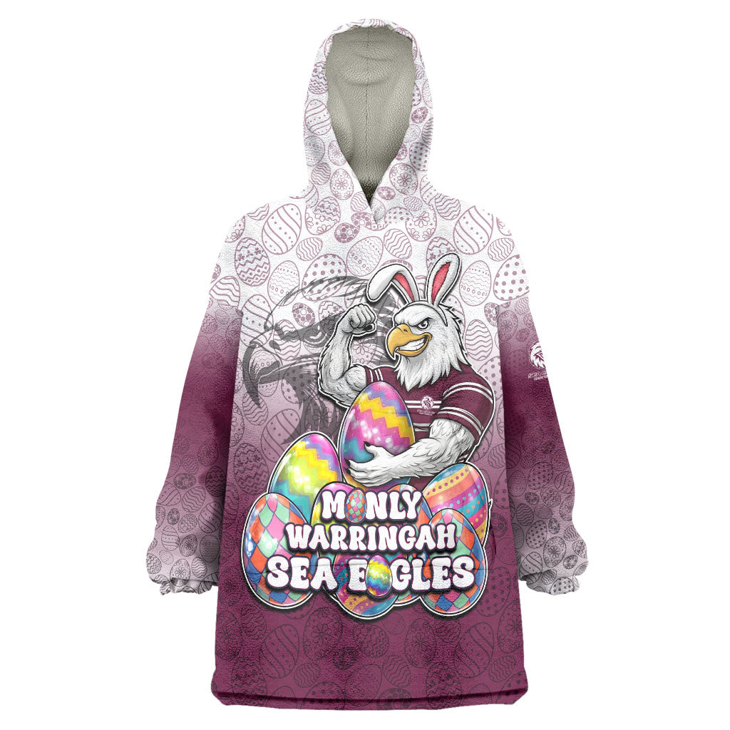 Personalized Manly Warringah Sea Eagles Wearable Blanket Hoodie Easter Mascot - Colorful Eggs Cartoon Style
