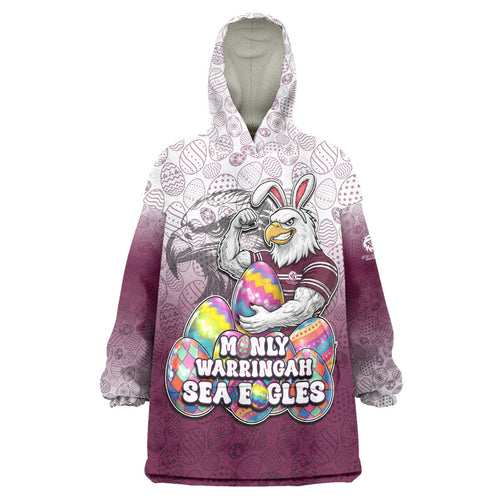 Personalized Manly Warringah Sea Eagles Wearable Blanket Hoodie Easter Mascot - Colorful Eggs Cartoon Style