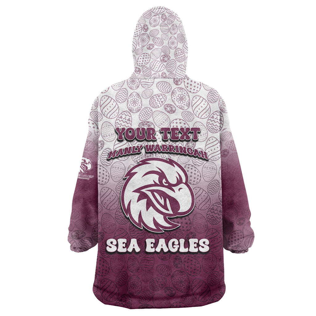 Personalized Manly Warringah Sea Eagles Wearable Blanket Hoodie Easter Mascot - Colorful Eggs Cartoon Style