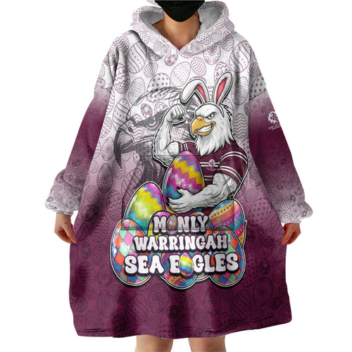 Personalized Manly Warringah Sea Eagles Wearable Blanket Hoodie Easter Mascot - Colorful Eggs Cartoon Style