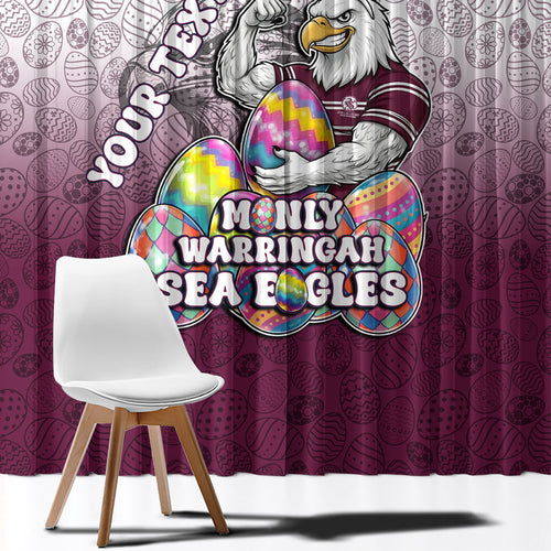 Personalized Manly Warringah Sea Eagles Window Curtain Easter Mascot - Colorful Eggs Cartoon Style