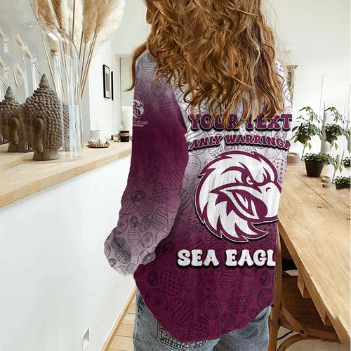 Personalized Manly Warringah Sea Eagles Women Casual Shirt Easter Mascot - Colorful Eggs Cartoon Style