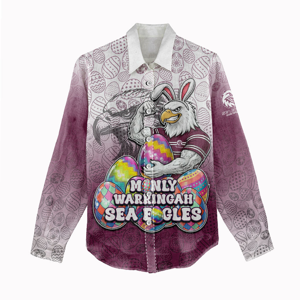Personalized Manly Warringah Sea Eagles Women Casual Shirt Easter Mascot - Colorful Eggs Cartoon Style