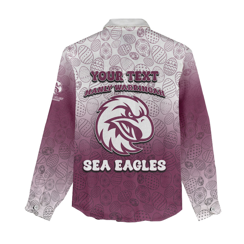 Personalized Manly Warringah Sea Eagles Women Casual Shirt Easter Mascot - Colorful Eggs Cartoon Style