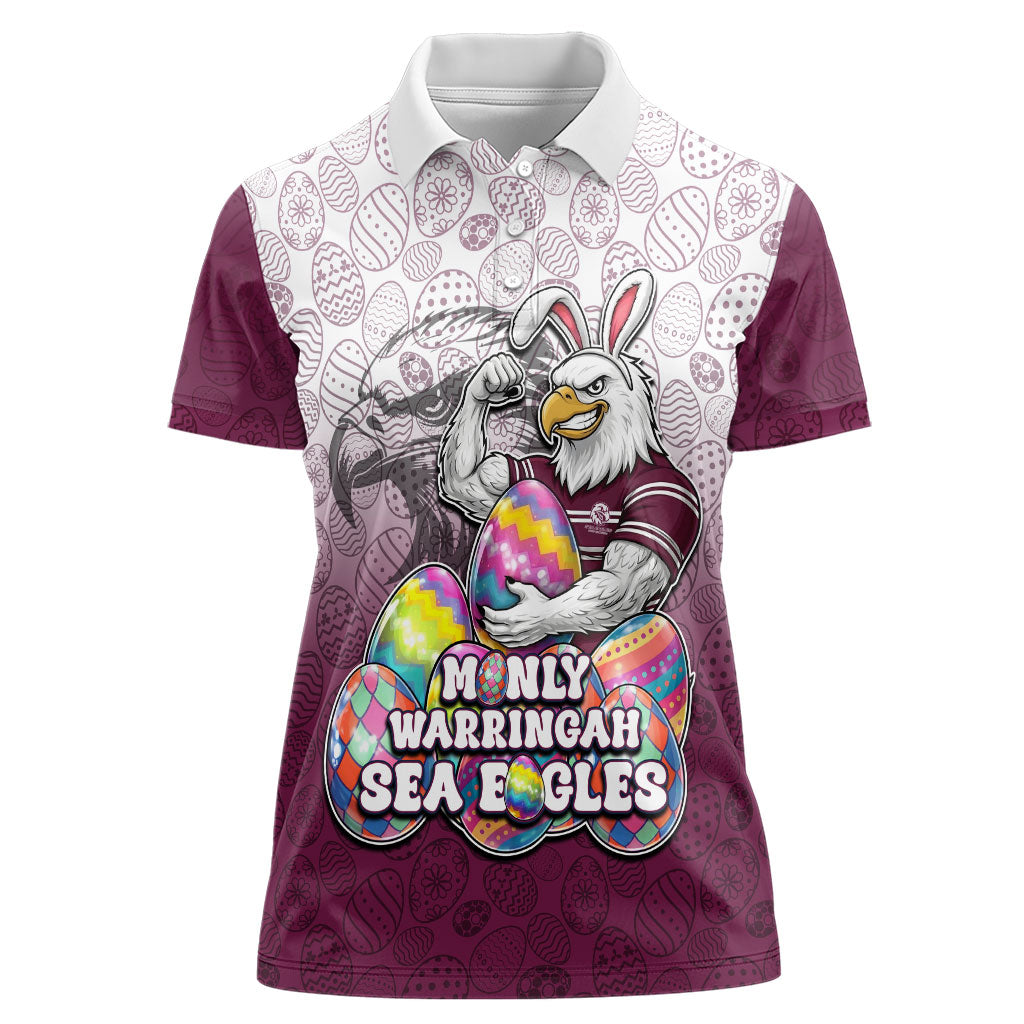 Personalized Manly Warringah Sea Eagles Women Polo Shirt Easter Mascot - Colorful Eggs Cartoon Style
