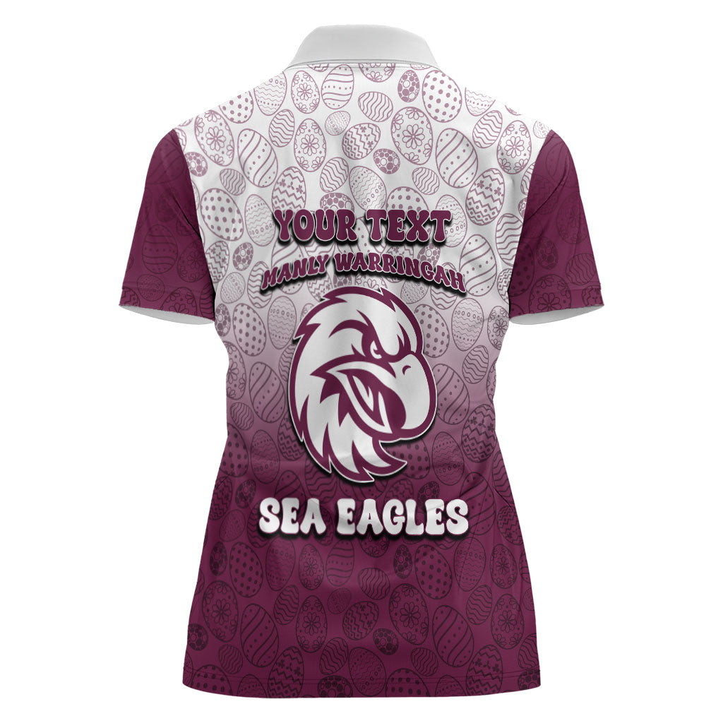 Personalized Manly Warringah Sea Eagles Women Polo Shirt Easter Mascot - Colorful Eggs Cartoon Style