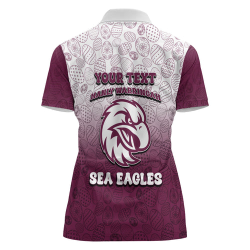 Personalized Manly Warringah Sea Eagles Women Polo Shirt Easter Mascot - Colorful Eggs Cartoon Style