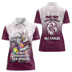 Personalized Manly Warringah Sea Eagles Women Polo Shirt Easter Mascot - Colorful Eggs Cartoon Style