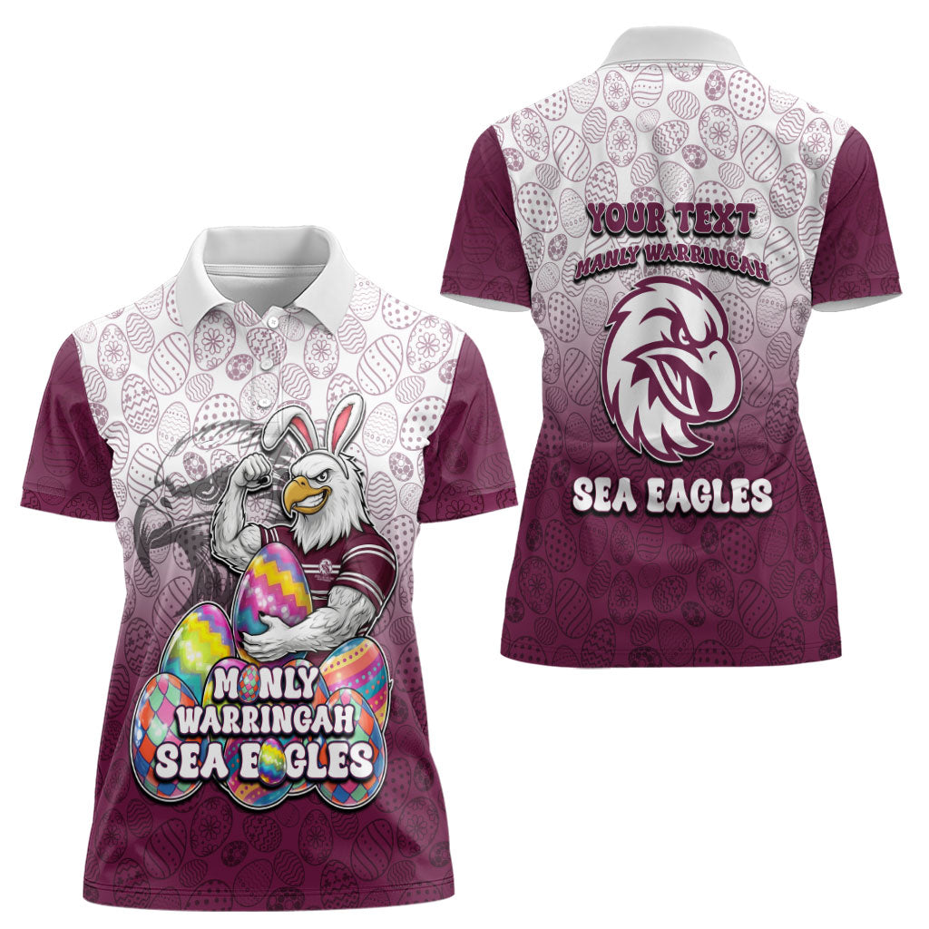 Personalized Manly Warringah Sea Eagles Women Polo Shirt Easter Mascot - Colorful Eggs Cartoon Style
