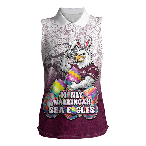 Personalized Manly Warringah Sea Eagles Women Sleeveless Polo Shirt Easter Mascot - Colorful Eggs Cartoon Style
