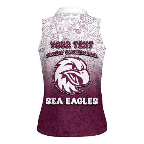 Personalized Manly Warringah Sea Eagles Women Sleeveless Polo Shirt Easter Mascot - Colorful Eggs Cartoon Style