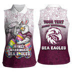 Personalized Manly Warringah Sea Eagles Women Sleeveless Polo Shirt Easter Mascot - Colorful Eggs Cartoon Style