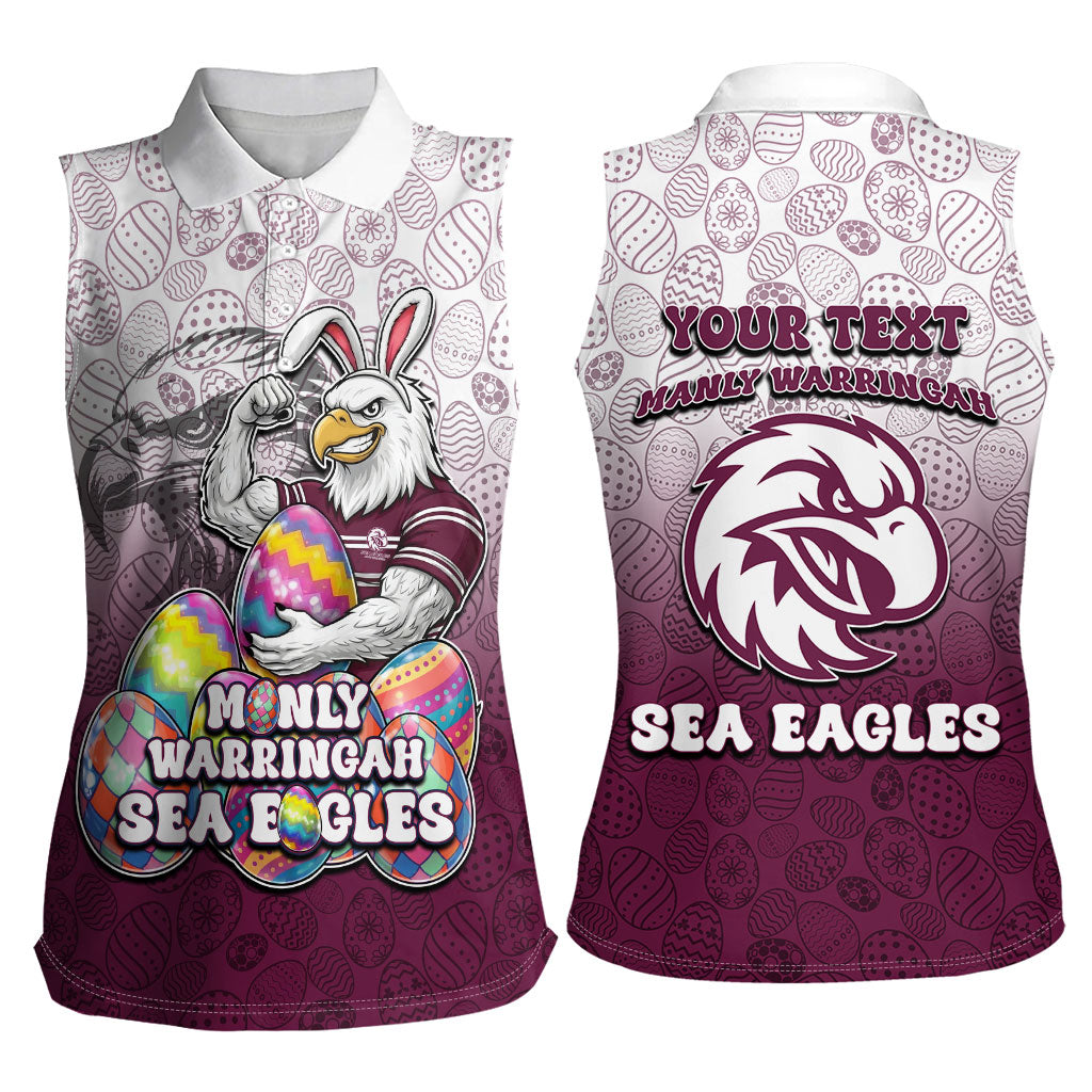 Personalized Manly Warringah Sea Eagles Women Sleeveless Polo Shirt Easter Mascot - Colorful Eggs Cartoon Style