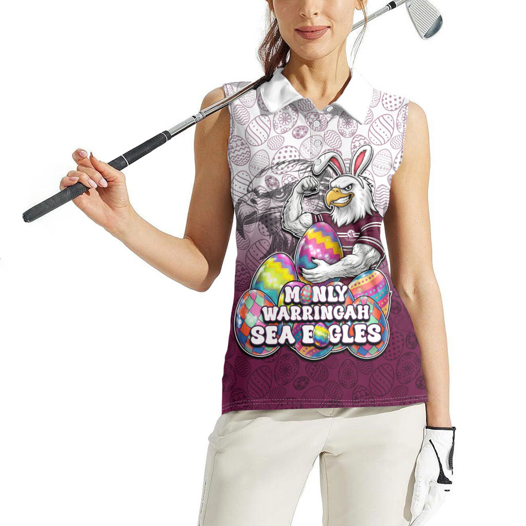 Personalized Manly Warringah Sea Eagles Women Sleeveless Polo Shirt Easter Mascot - Colorful Eggs Cartoon Style