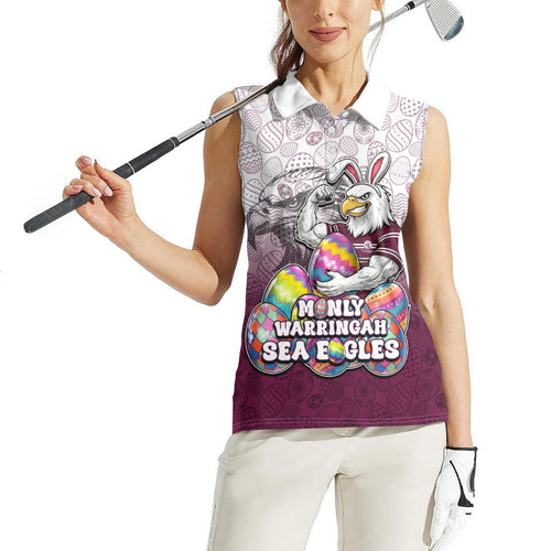 Personalized Manly Warringah Sea Eagles Women Sleeveless Polo Shirt Easter Mascot - Colorful Eggs Cartoon Style
