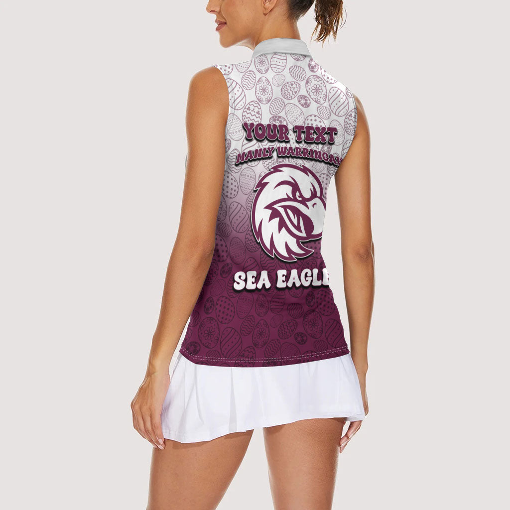 Personalized Manly Warringah Sea Eagles Women Sleeveless Polo Shirt Easter Mascot - Colorful Eggs Cartoon Style