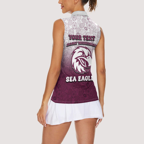 Personalized Manly Warringah Sea Eagles Women Sleeveless Polo Shirt Easter Mascot - Colorful Eggs Cartoon Style