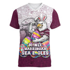 Personalized Manly Warringah Sea Eagles Women V-Neck T-Shirt Easter Mascot - Colorful Eggs Cartoon Style