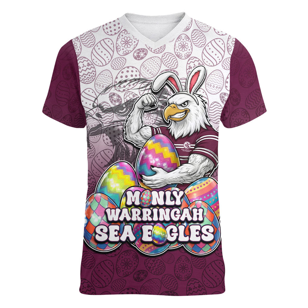 Personalized Manly Warringah Sea Eagles Women V-Neck T-Shirt Easter Mascot - Colorful Eggs Cartoon Style
