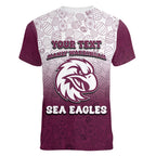 Personalized Manly Warringah Sea Eagles Women V-Neck T-Shirt Easter Mascot - Colorful Eggs Cartoon Style