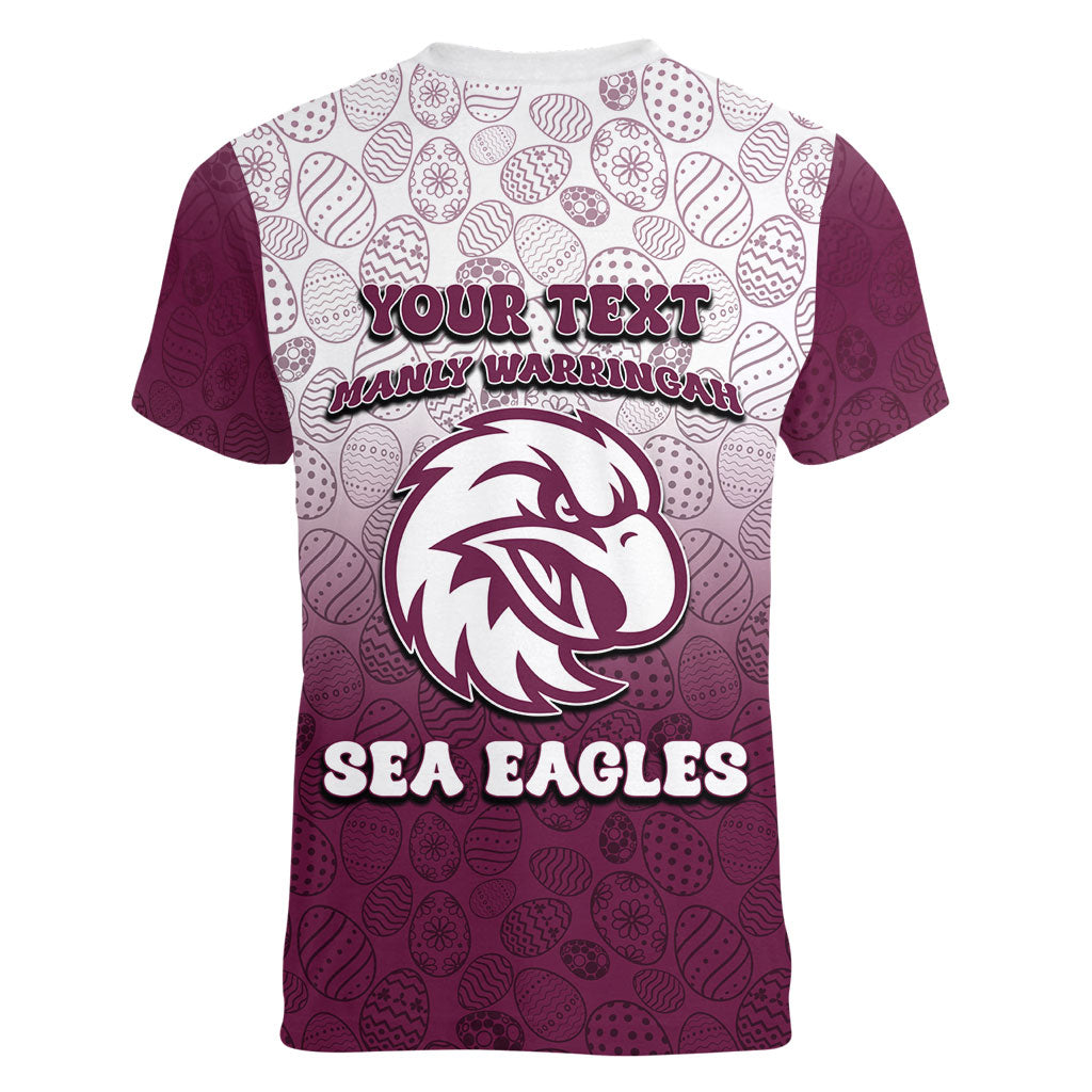 Personalized Manly Warringah Sea Eagles Women V-Neck T-Shirt Easter Mascot - Colorful Eggs Cartoon Style