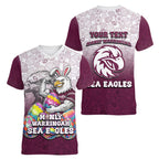 Personalized Manly Warringah Sea Eagles Women V-Neck T-Shirt Easter Mascot - Colorful Eggs Cartoon Style