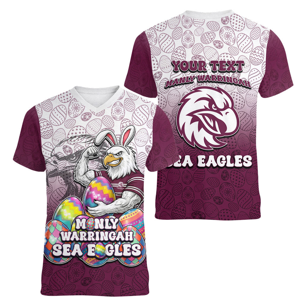 Personalized Manly Warringah Sea Eagles Women V-Neck T-Shirt Easter Mascot - Colorful Eggs Cartoon Style