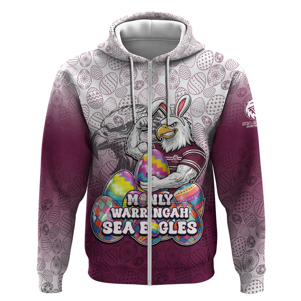 Personalized Manly Warringah Sea Eagles Zip Hoodie Easter Mascot - Colorful Eggs Cartoon Style