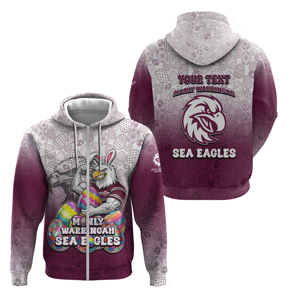 Personalized Manly Warringah Sea Eagles Zip Hoodie Easter Mascot - Colorful Eggs Cartoon Style