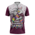 Personalized Manly Warringah Sea Eagles Zipper Polo Shirt Easter Mascot - Colorful Eggs Cartoon Style