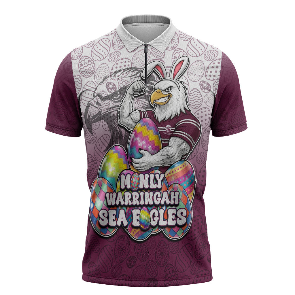 Personalized Manly Warringah Sea Eagles Zipper Polo Shirt Easter Mascot - Colorful Eggs Cartoon Style