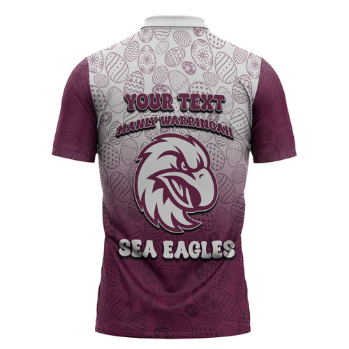 Personalized Manly Warringah Sea Eagles Zipper Polo Shirt Easter Mascot - Colorful Eggs Cartoon Style