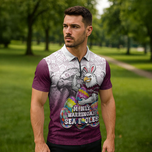 Personalized Manly Warringah Sea Eagles Zipper Polo Shirt Easter Mascot - Colorful Eggs Cartoon Style