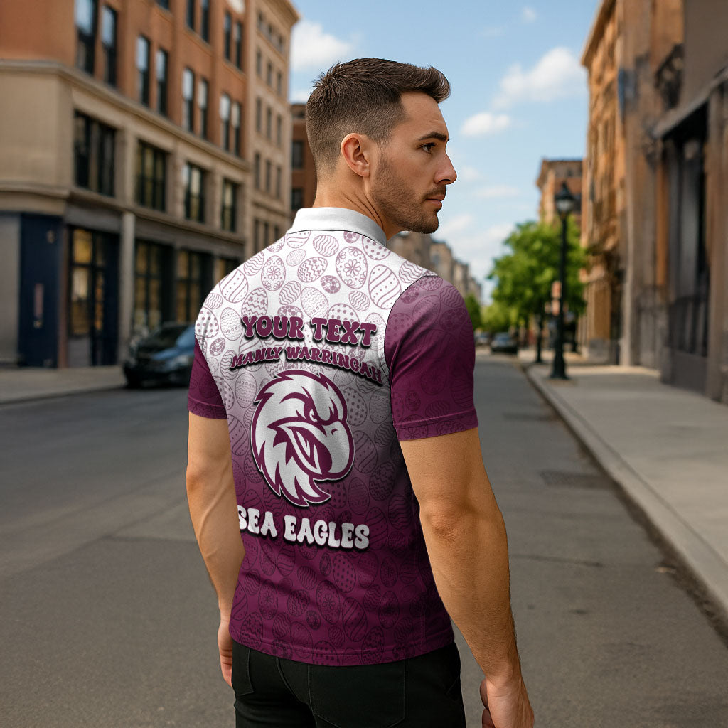Personalized Manly Warringah Sea Eagles Zipper Polo Shirt Easter Mascot - Colorful Eggs Cartoon Style
