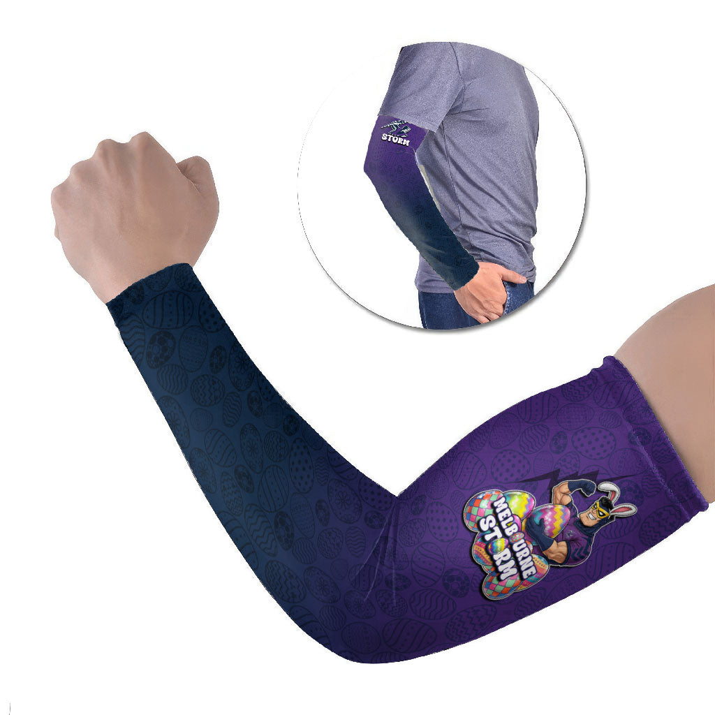 Personalized Melbourne Storm Arm Sleeves Easter Mascot - Colorful Eggs Cartoon Style