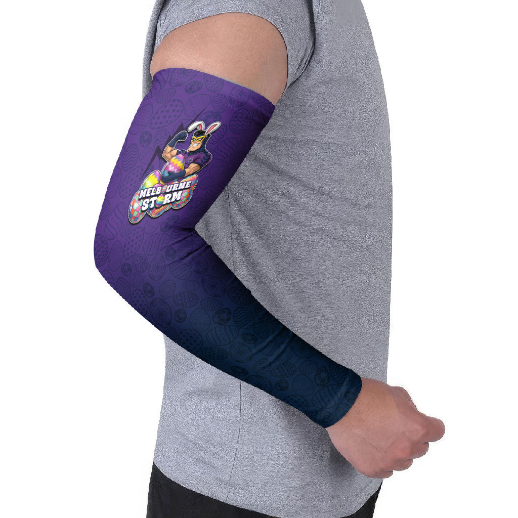 Personalized Melbourne Storm Arm Sleeves Easter Mascot - Colorful Eggs Cartoon Style