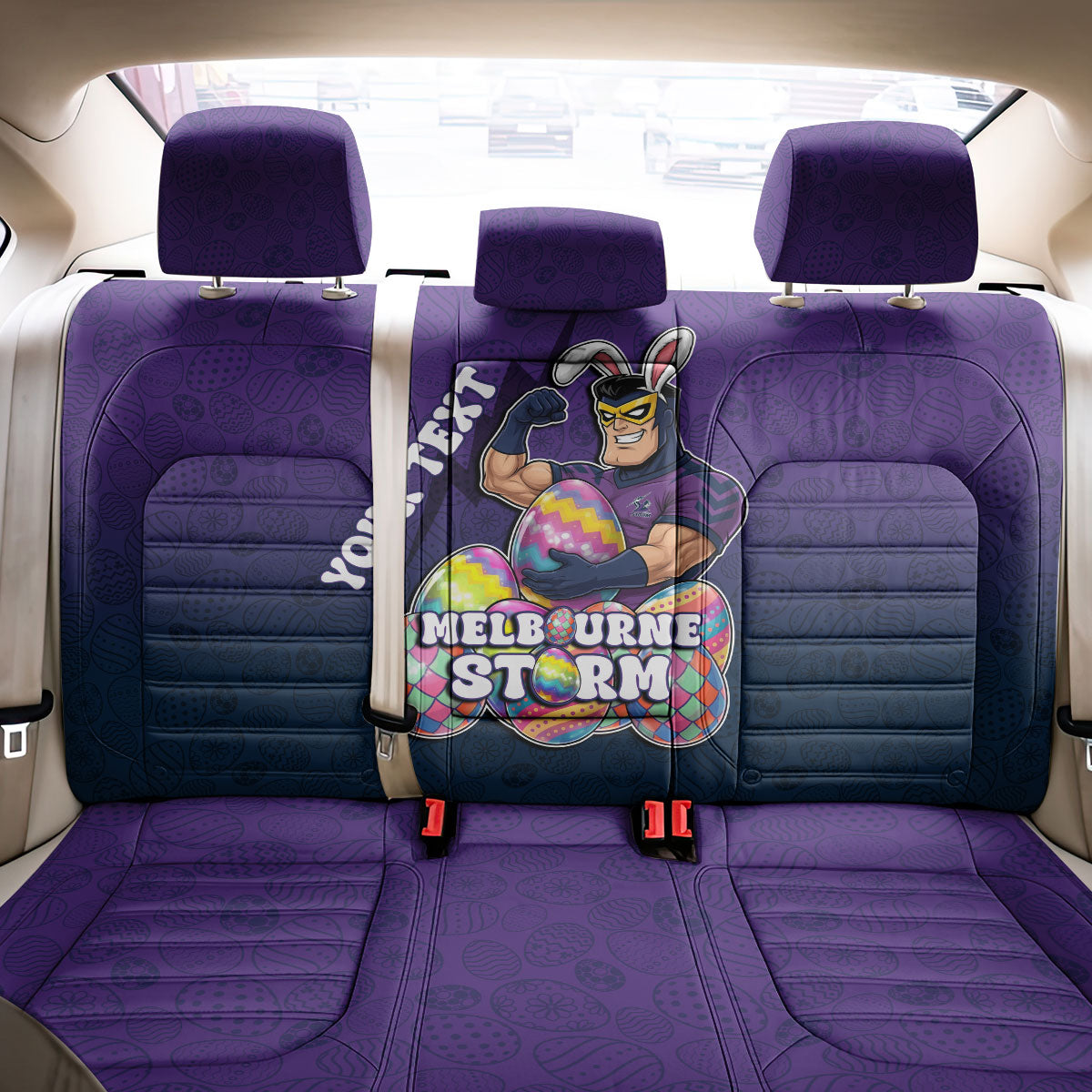 Personalized Melbourne Storm Back Car Seat Cover Easter Mascot - Colorful Eggs Cartoon Style