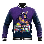 Personalized Melbourne Storm Baseball Jacket Easter Mascot - Colorful Eggs Cartoon Style