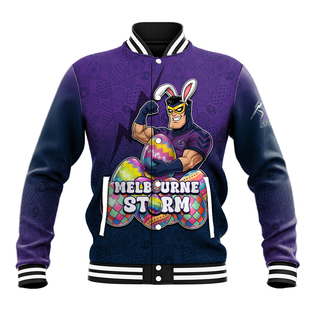 Personalized Melbourne Storm Baseball Jacket Easter Mascot - Colorful Eggs Cartoon Style