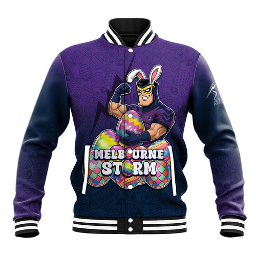 Personalized Melbourne Storm Baseball Jacket Easter Mascot - Colorful Eggs Cartoon Style