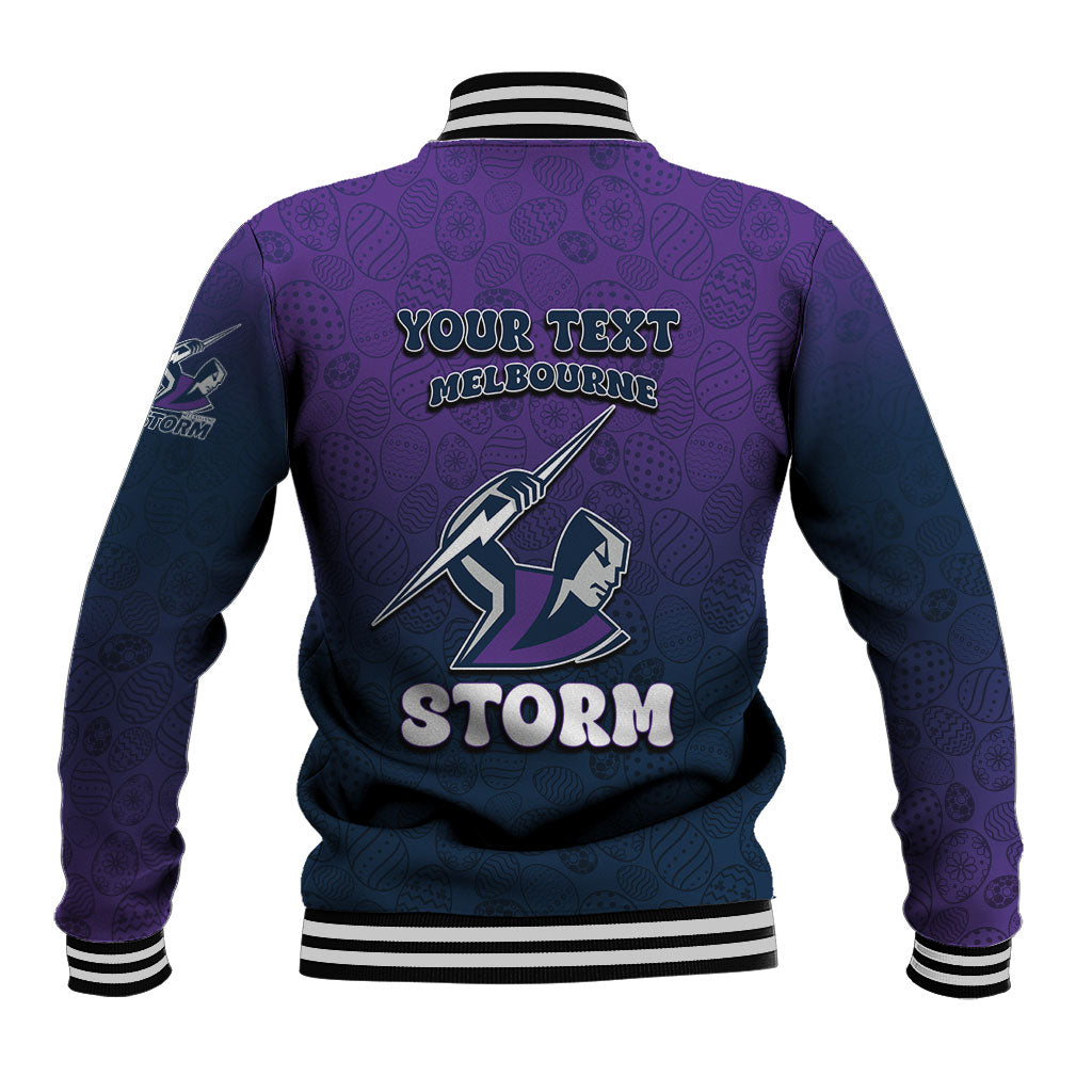 Personalized Melbourne Storm Baseball Jacket Easter Mascot - Colorful Eggs Cartoon Style