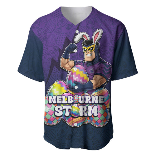 Personalized Melbourne Storm Baseball Jersey Easter Mascot - Colorful Eggs Cartoon Style
