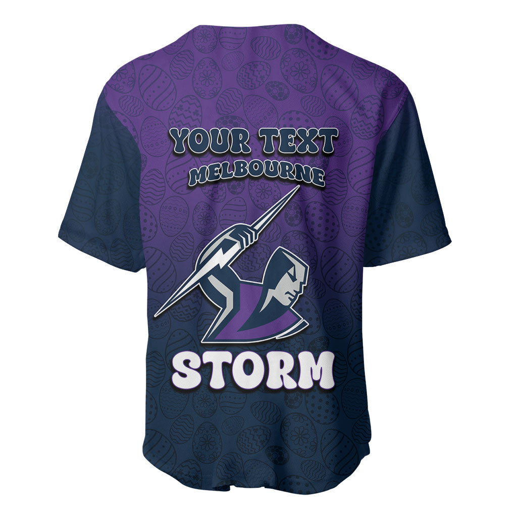 Personalized Melbourne Storm Baseball Jersey Easter Mascot - Colorful Eggs Cartoon Style