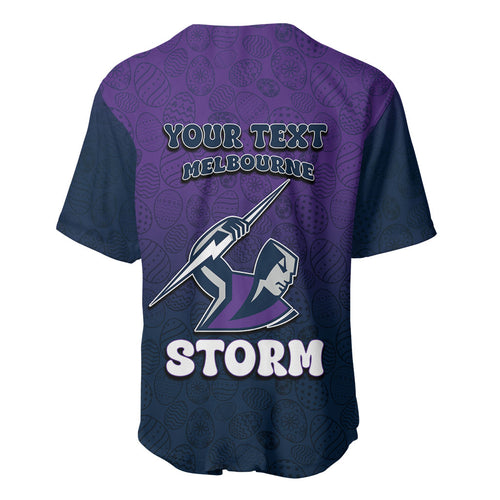 Personalized Melbourne Storm Baseball Jersey Easter Mascot - Colorful Eggs Cartoon Style