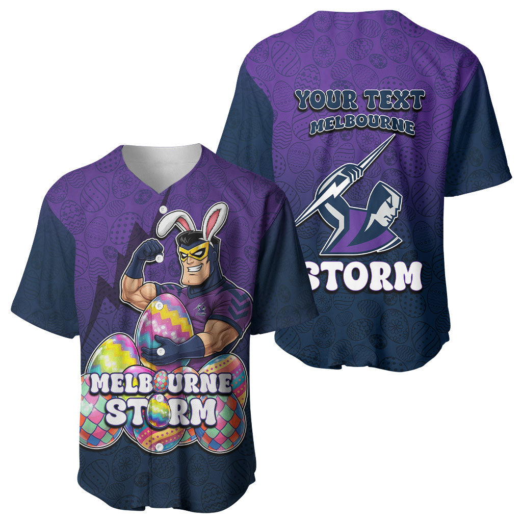 Personalized Melbourne Storm Baseball Jersey Easter Mascot - Colorful Eggs Cartoon Style