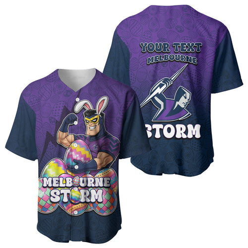 Personalized Melbourne Storm Baseball Jersey Easter Mascot - Colorful Eggs Cartoon Style