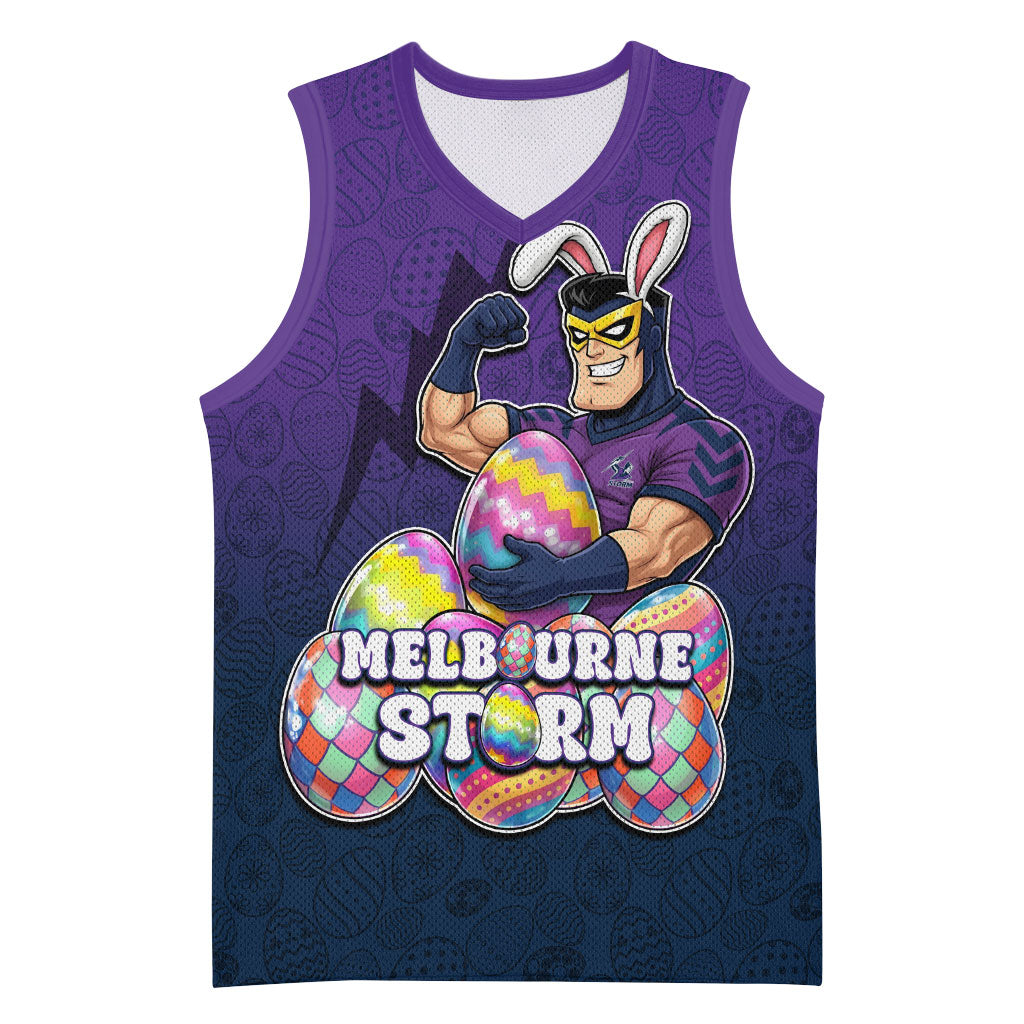 Personalized Melbourne Storm Basketball Jersey Easter Mascot - Colorful Eggs Cartoon Style