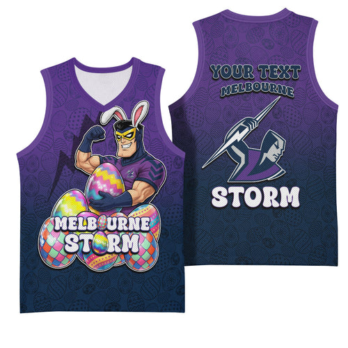 Personalized Melbourne Storm Basketball Jersey Easter Mascot - Colorful Eggs Cartoon Style